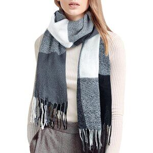 Women's Grey White Lattice Scarf Fashion Long Plaid Shawls Wraps Big Grid Winter